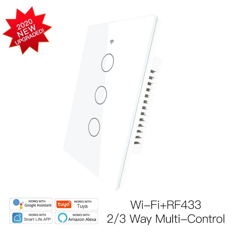 Interruptor wifi+RF-433 Sin & Con Neutro 3p tuya-Smartlife app (Blanco)